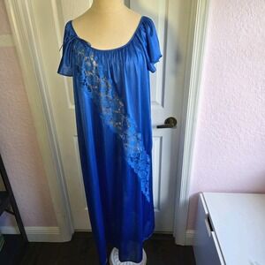 Vintage Deena Long Blue Nightgown Gown Nylon And Lace Insert Size M Lingerie USA